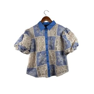 Strut & Bolt Small Blue Stripe Crochet Lace Patchwork Puff Sleeve‎ Collared NWT